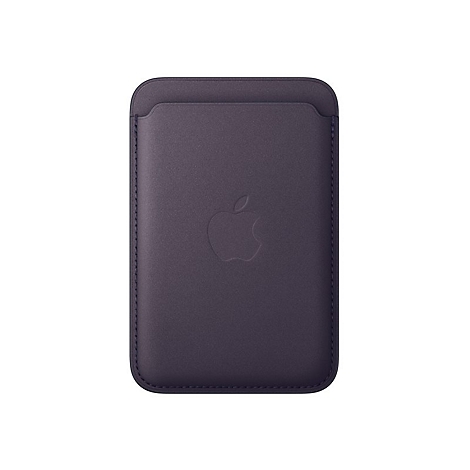 Porte-cartes bleu foncé avec logo Apple. Forme rectangulaire, coins arrondis, aspect cuir.