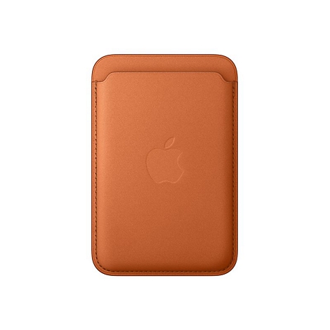Étui en cuir marron clair avec logo Apple. L'étui est rectangulaire avec des coins arrondis. Le logo Apple est subtilement en relief.