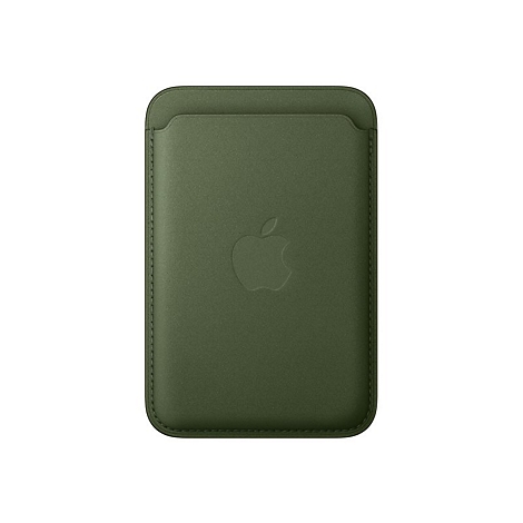 Étui pour cartes en cuir vert olive avec logo Apple. Avec coutures décoratives.