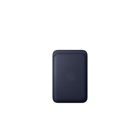 Étui de carte en cuir bleu foncé avec logo Apple sur fond blanc.