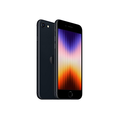 Schwarzes iPhone SE, das von zwei Seiten gezeigt wird. Auf dem Display ist ein farbiger Hintergrund zu sehen.