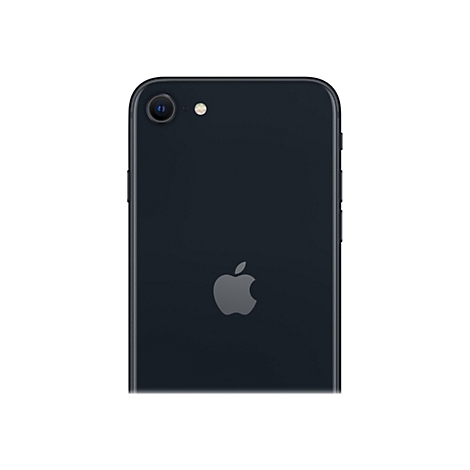 Dunkelgraues Smartphone mit Apple-Logo. Die Kamera und der Blitz sind im oberen Bereich zu sehen.