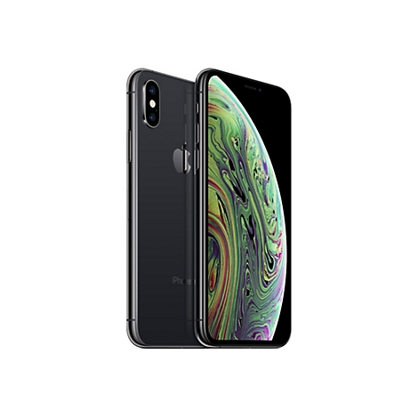 Zwei schwarze iPhones vor weißem Hintergrund. Das vordere zeigt das Display mit grün-gelbem Muster, das hintere die Rückseite mit Apple-Logo.
