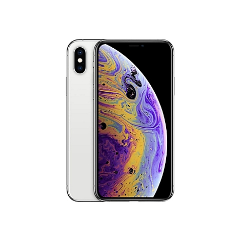 Ein weißes iPhone XS, das auf einer Seite liegt. Der Bildschirm zeigt ein farbenfrohes, abstraktes Design.