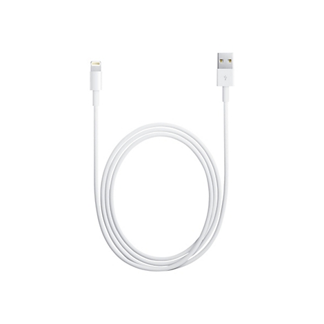 Weißes Lightning-auf-USB-Kabel, spiralförmig angeordnet vor weißem Hintergrund.