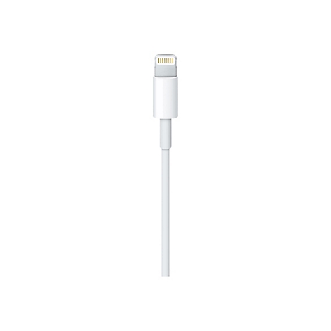Nahaufnahme eines weißen Lightning-Steckers an einem Kabel vor weißem Hintergrund.