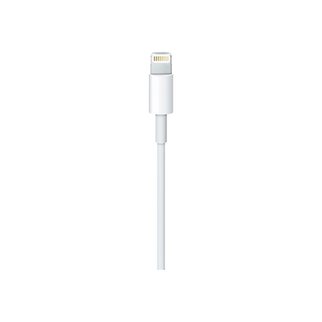 Nahaufnahme eines weißen Lightning-Steckers an einem Kabel vor weißem Hintergrund.