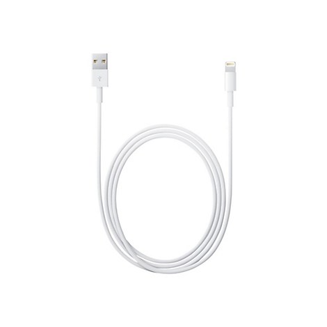 Weißes Lightning-Kabel. USB-A-Anschluss oben links, Lightning-Anschluss rechts, Kabel in Schlaufen gelegt.