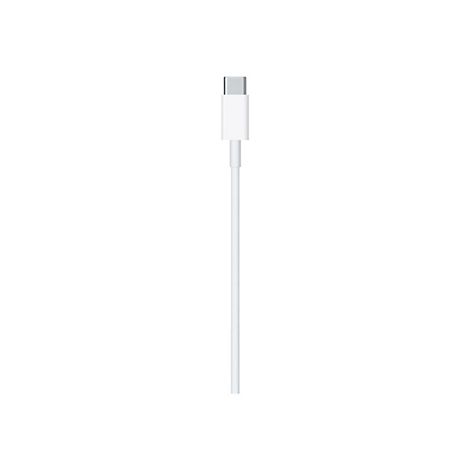 Weißes USB-C-Kabel mit glattem Stecker vor weißem Hintergrund.