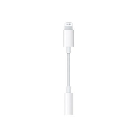 Weißer Lightning-auf-3,5-mm-Kopfhöreranschluss-Adapter auf weißem Hintergrund.