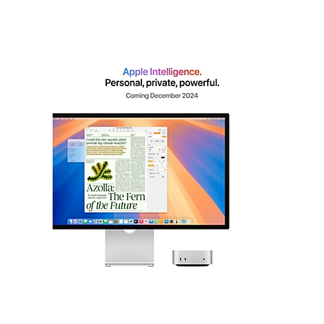 Ein Apple-Monitor und Mac Mini mit Bildschirmtext Apple Intelligence und Azolla: The Fern of the Future.