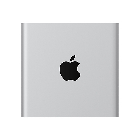 Silberne Apple-Festplatte mit schwarzem Apfel-Logo.