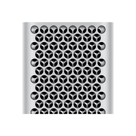 Nahaufnahme der Front des silbernen Mac Pro, mit sechseckigen Löchern. Das Gittermuster ist gleichmäßig angeordnet.