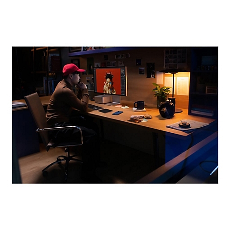 Ein Mann mit roter Kappe sitzt an einem Schreibtisch und arbeitet am Computer. Der Bildschirm zeigt eine Person, die ein rotes Oberteil trÃ¤gt.