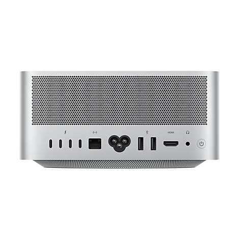 Silberfarbener Computer. Gehäuse mit Lochmuster und Anschlüssen wie USB, HDMI und Strom.