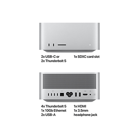 Zwei Ansichten eines silberfarbenen Mac Studio. Oben: Vorderseite mit Anschlüssen. Unten: Rückseite mit Anschlüssen und Text. Beschriftungen: 2x USB-C oder Thunderbolt 5, 1x SDXC-Kartensteckplatz, 4x Thunderbolt 5, 1x 10Gb Ethernet, 2x USB-A, 1x HDMI, ...