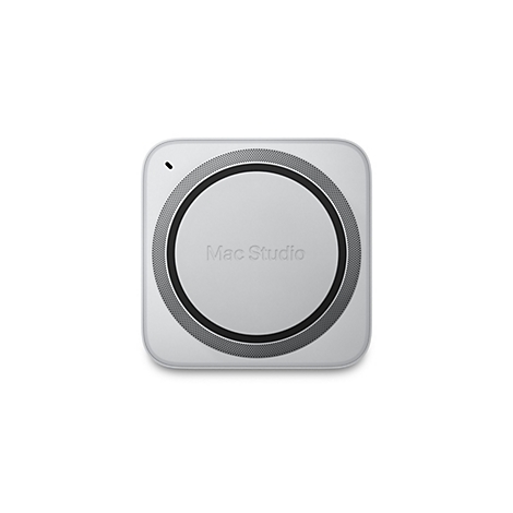 Der Mac Studio, ein quadratischer, silberfarbener Computer, mit einem perforierten, schwarzen Ring um die Mitte und dem Schriftzug "Mac Studio".