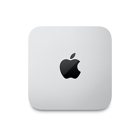 Ein silbernes Apple Mac Mini mit dem schwarzen Apple-Logo auf weißem Hintergrund.