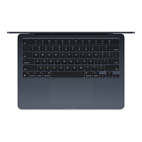 Draufsicht auf eine graue Laptop-Tastatur, auf weißem Hintergrund. Die Tasten sind schwarz mit weißer Beschriftung.