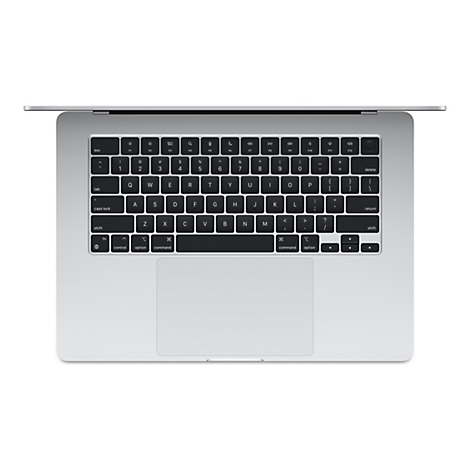 Draufsicht auf ein silbernes Macbook, die Tastatur ist schwarz, das Trackpad ist weiÃŸ.