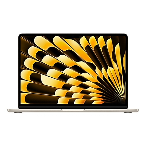 Beiges Notebook mit offenem Display, das ein gelb-schwarzes abstraktes Muster zeigt.