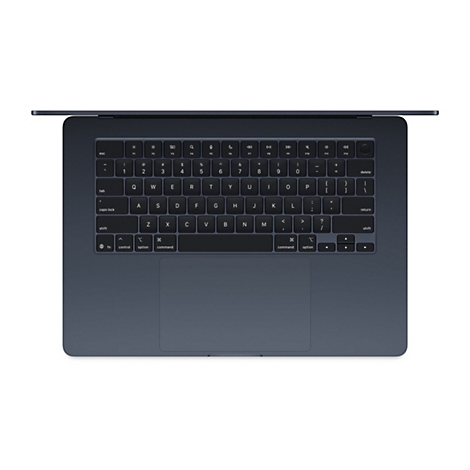 Draufsicht auf ein blaues Macbook; die Tastatur ist vollständig zu sehen.