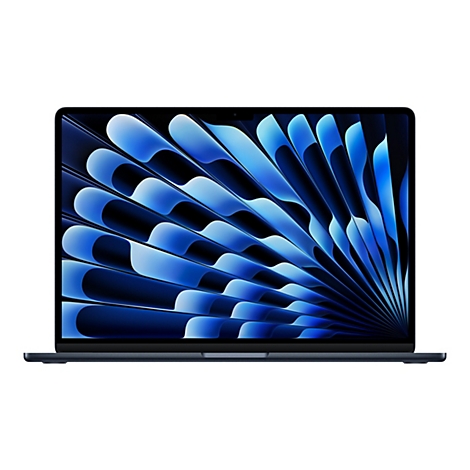 Dunkelblauer Laptop, Bildschirm zeigt ein abstraktes blaues Muster. Die Ansicht ist frontal und vor weißem Hintergrund.
