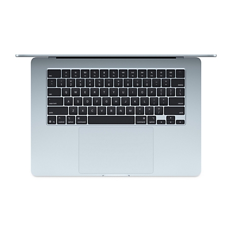 Hellgraues Macbook aus der Vogelperspektive. Die Tastatur mit schwarzen Tasten ist zu sehen.