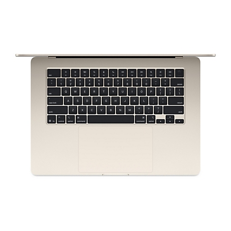Hellgoldenes Macbook, Draufsicht. Die Tastatur ist schwarz mit weißen Buchstaben. Das Touchpad ist unten mittig. Der Bildschirm ist geöffnet.