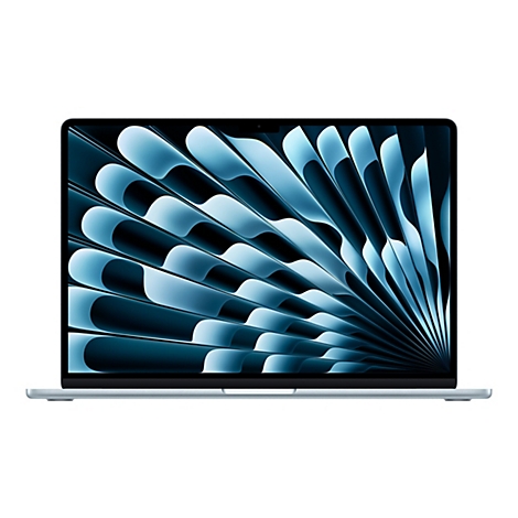 Hellblauer Laptop vor weißem Hintergrund. Der Bildschirm zeigt ein abstraktes, blaues Design.