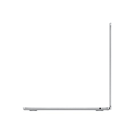 Seitenansicht eines silbernen Laptops, halb geöffnet, auf weißem Hintergrund. Der Bildschirm ist geschlossen.