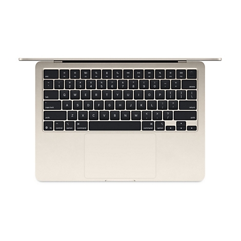 Draufsicht auf ein beigefarbenes MacBook-Tastatur-Layout mit schwarzen Tasten. Oben mittig sind Funktionstasten, darunter Buchstaben-, Zahlen- und Sonderzeichen.