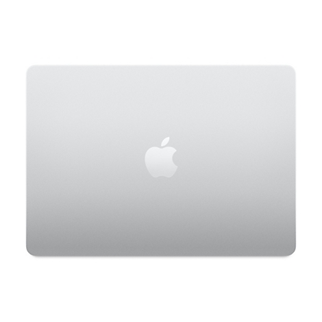 Silbernes Apple MacBook-Logo auf einem Laptop-Deckel. Der Hintergrund ist weiß.