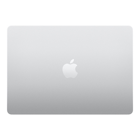 Silberner Laptop-Deckel mit weißem Apple-Logo in der Mitte.