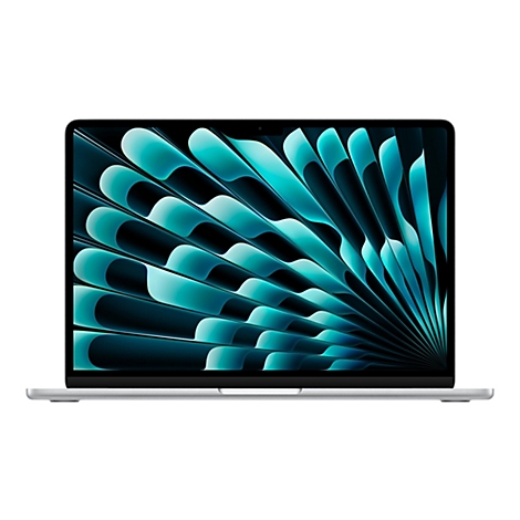 Ein silbernes Macbook, der Bildschirm zeigt ein abstraktes, aquamarinblaues Muster vor weißem Hintergrund.