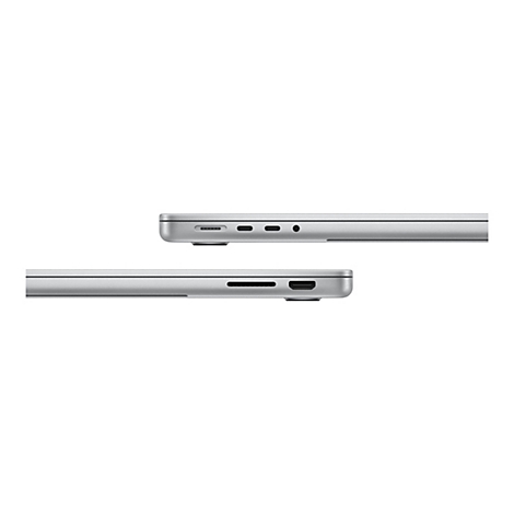 Zwei silberne Laptops, Seitenansicht, gegen weißen Hintergrund. Obere Reihe: Anschlüsse. Untere Reihe: Anschlüsse.