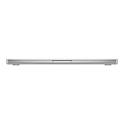 Seitenansicht eines silbernen Laptops. Er liegt auf einer weißen Fläche.