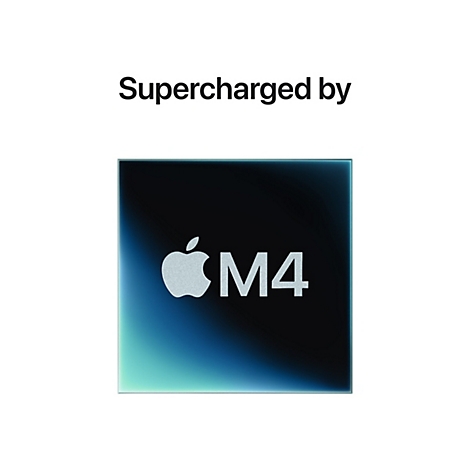 Quadrat mit Apple Logo und der Aufschrift M4. DarÃ¼ber steht 'Supercharged by'.