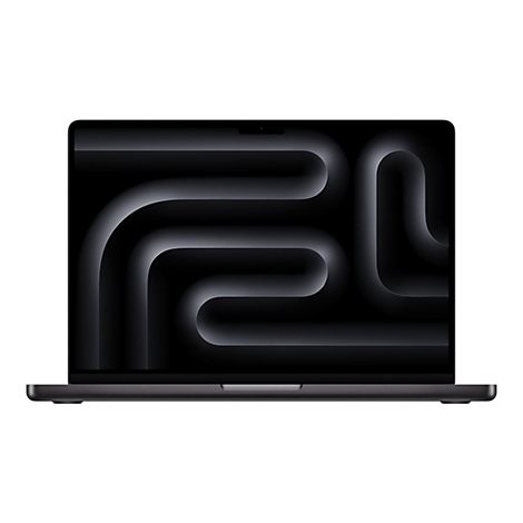 Schwarzes MacBook vor weiÃŸem Hintergrund. Auf dem Bildschirm sind graue, geschwungene Linien zu sehen.