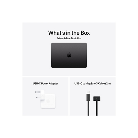 Das MacBook Pro, USB-C-Netzteil und USB-C-zu-MagSafe 3-Kabel werden in einer Box angezeigt.