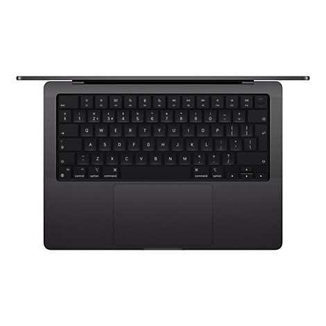 Draufsicht auf ein schwarzes MacBook, Tastatur und Trackpad sind deutlich zu sehen.