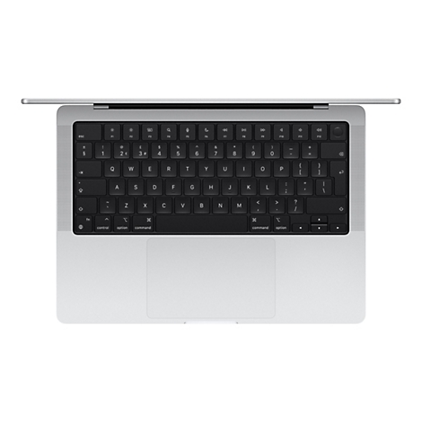 Draufsicht auf ein geÃ¶ffnetes silbernes MacBook mit schwarzer Tastatur. Der Bildschirm ist leicht geÃ¶ffnet.