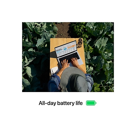 Person mit Laptop in einem Feld. Sie arbeitet an einem Holztisch, von oben gesehen.