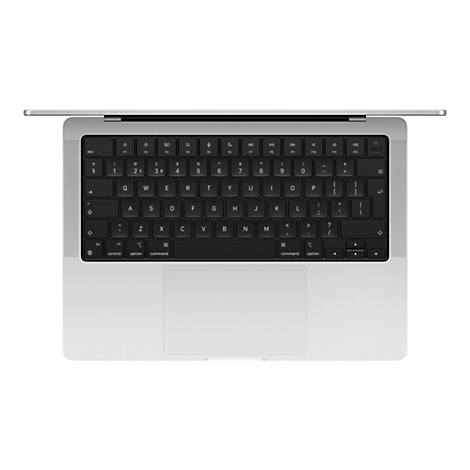 Draufsicht auf ein silbernes Macbook mit schwarzer Tastatur und Touchpad auf weiÃŸem Hintergrund.