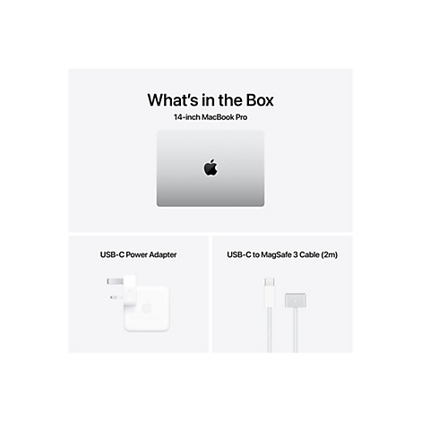 InhaltsÃ¼bersicht des 14-Zoll MacBook Pro: Laptop, USB-C-Netzteil, USB-C-auf-MagSafe-3-Kabel.