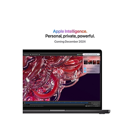 Ein schwarzes MacBook zeigt eine abstrakte Grafik und den Text Apple Intelligence. Erscheint im Dezember 2024.