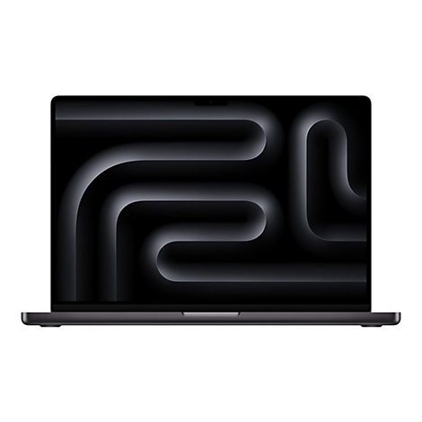 Dunkelgraues Macbook mit einem Display, das ein geschwungenes Muster zeigt, vor weiÃŸem Hintergrund.