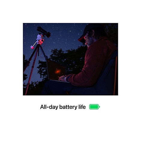Mann am Laptop unter Sternenhimmel; Teleskop auf Stativ. Text: GanztÃ¤gige Akkulaufzeit.