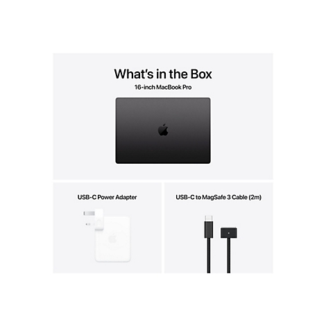 Ein Bild zeigt den Lieferumfang eines 16-Zoll-MacBook-Pro. Enthalten sind das MacBook, ein USB-C-Netzteil und ein USB-C-zu-MagSafe-3-Kabel.