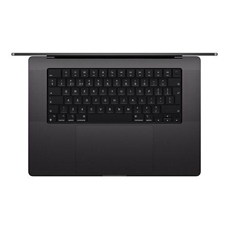 Draufsicht auf ein schwarzes Laptop-Keyboard, Tastatur und Trackpad deutlich zu sehen.